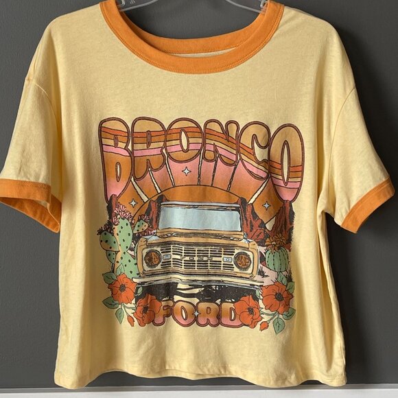 Ford Bronco Retro Cropped Ringer T-shirt Yellow Boho Desert Yellow Size XL 16-18 - Picture 1 of 5